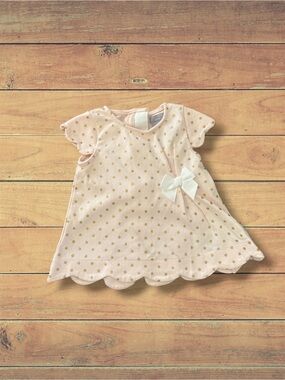 Tahari Baby Pink Scalloped Hem Baby Dress, Gold Dot Accents & White Bow, 6-9 M